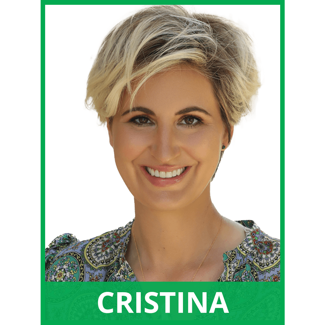 image of a white woman with short blonde hair smiling. image has green borders. Text at the bottom of the image reads: Cristina