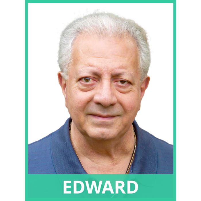 image of an elderly Armenian man. border of image is teal. text at the bottom of the image reads: Edward