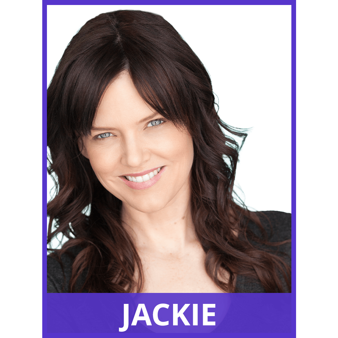 image of woman with long dark brown hair and blue eyes smiling. image has a indigo border. text at the bottom of the image reads: Jackie