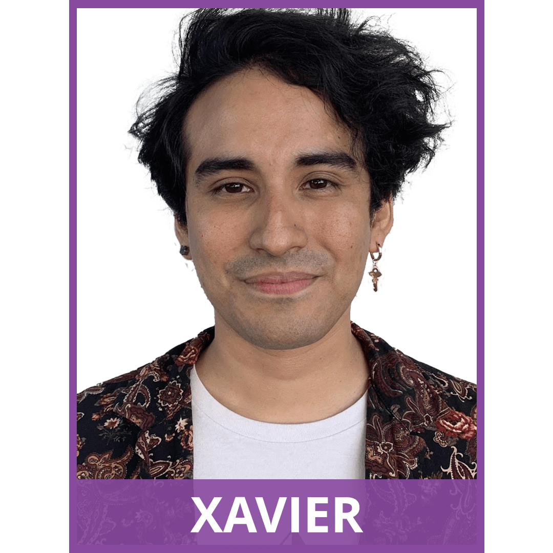 image of man. image has purple border. text at the bottom of the image reads: Xavier