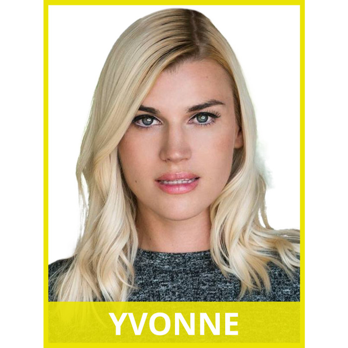image of blonde woman. image has yellow border. text image at the bottom reads: Yvonne